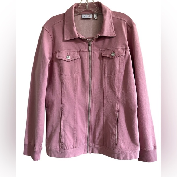 Denim & Co Pink Zip Front Jacket Pockets Stretchy Cotton Size Large - Picture 1 of 10
